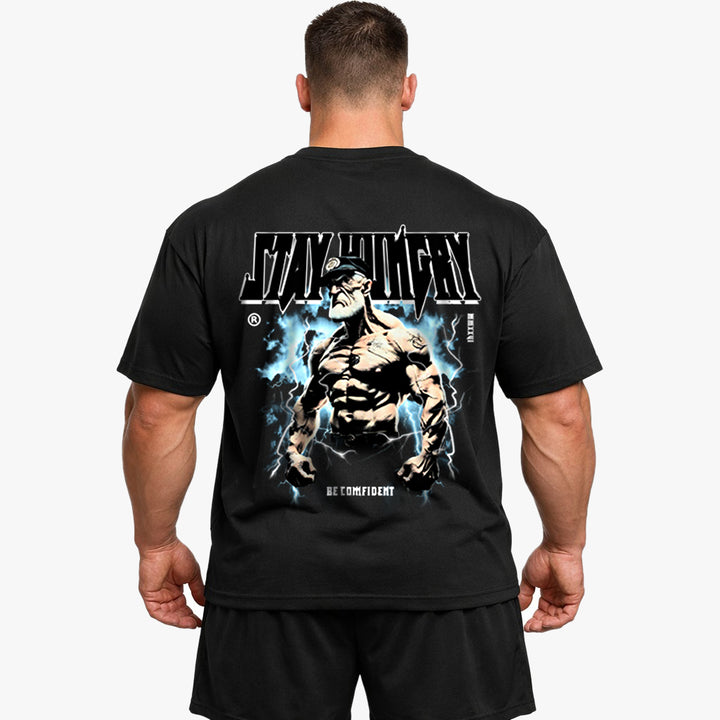 Blijf hongerig oversized shirt (rugafdruk).